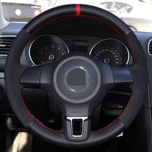 カーステアリングホイールカバーDIYハンドステッチソフトブラックスエードフォルクスワーゲンゴルフ6 MK6 VWポロサグカターボラサンタナジェッタMK5