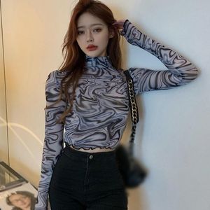 Women Transparent Ruffles Hems Mesh Tops Turtleneck T Shirt Streetwear Girl Print Long Sleeve Crop Shirts