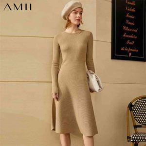 Minimalism Autumn Winter Dresses For Women Fashion Causal Solid Oneck Slim Flim Knee-length Sweater Dress 12040515 210527