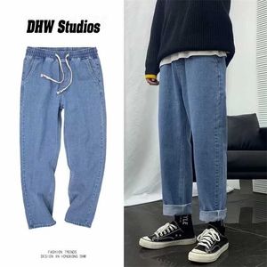 Baggy män jeans varumärke byxor unga pojkar avslappnad elastisk midja mun bredben lång retro streetwear hip hop drop 211111