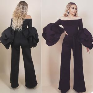 Wunderschönes schwarzes Jumpsuit-Design-Abschlussballkleid, Bateau-Ausschnitt, Rüschen, lange Ärmel, Abendkleider, Baumwolle, Partykleid, nach Maß, Robe De Soiree