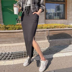 Womengaga Koreas mode sommar svart elegant split gaffel sexig lång kjolar söt tjej kvinnlig kawaii maxi kjol boho o8kh 210603