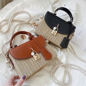 Factory wholesale women handbag fashion woven bag summer straw womens beach bags sweet contrast color flower buckle fashions Messenger handbags