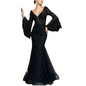 Sexy V-Ausschnitt, lange Aufflackernärmel, schwarze Spitze, Partykleid für Damen, lange Maxikleider