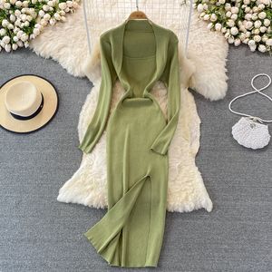 Autumn New Design Women's Sexy Retro Square Collar Long Sleeve Solid Color Sticked Vent Jag Maxi Long Dress