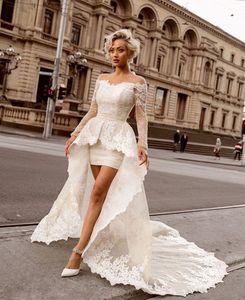 Koronki Krótkie suknie ślubne z aplikacją Odpinany pociąg Suknie Ślubne Długie Rękawy Robe de Marrige