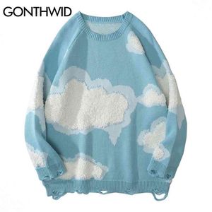 GONTHWID Knitwear Sweater Women Harajuku Hip Hop Streetwear Knitted Cloud Ripped Holes Casual Kawaii Loose Pullover Jumpers Tops 210818