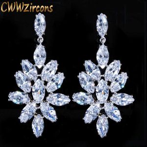 Oszałamiający Biały CZ Crystal Duże Długie Dangle Drop Kolczyki Ślubne Dla Kobiet Bridal Party Jewelry Akcesoria CZ039 210714