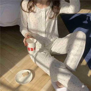 O-Neck Ruffle Sleepwear Spring Floral Printed Women Home Chic Comfortable Loose Cotton Fashion Pajamas Suits 210525