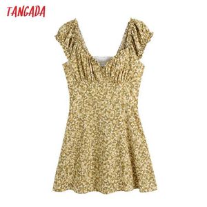 Tangada kvinnor sommar gul blommig utskrift sida dragkedja mini klänning vintage puff ärm tillbaka elastiska kvinnliga klänningar mujer be782 210609