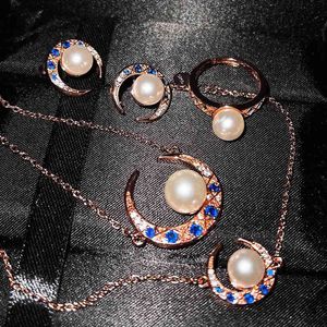 2021 Trend Moon Pendant Necklace Pearl Jewelry Set Elegant Dainty Earrings Bracelet Promise Ring For Women Wedding Party