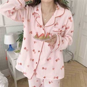 Femme confortável doce suave verão fino estampado corações chique algodão solto sleepwear casa desgaste pijama ternos 210525