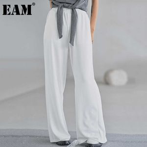 [Eam] cintura elástica alta branca casual longa perna calças nova solta cabana calça mulheres moda maré verão verão 2021 1d9391 q0801