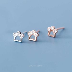 Rose Gold Color Cute Dog Paw Stud Earring for Women Real 925 Sterling Silver Shining Zircon Ear Studs Fashion Jewelry 210707