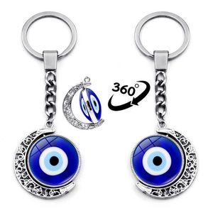 Turecki Zły Eye Brelok Charms 360 Stopni Obrót Księżyc Wisiorek Metalowy Klucz Pierścień Zły Oczy Kryształowe Klucze Łańcuchy Dla Kobiet Prezent G1019