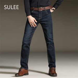 Sulee Brand Мужские растягивающие джинсы мода простые повседневные деловые брюки Slim Fit прямая нога средняя промытая джинсовая ткань 210723