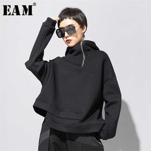 [EAM] Lös passform Asymmetrisk överdimensionerad Sweatshirt Hooded Långärmad Kvinnor Stor Storlek Mode Vår Höst 19A-A527 211104