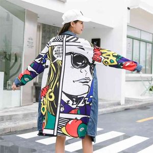 Cartoon Frühling Gedruckt Cowboy Patchwork Lose Lange Große Größe Denim Windjacke Frauen Mantel Mode Graben Koreanische B445 210820