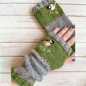 Fem fingrar handskar broderi fåglar kvinnor bomull fingerlös handske för stickade vantar kvinna flickor vinter utan