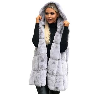 Vinterstil Lös Casual Kvinnors Varm Vest Solid Färg Ärmlös Hooded Fur Cardigan Jackor Fashion 211220