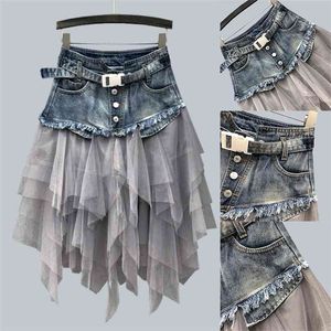 Kvinnor Denim Mesh Patchwork Lace Skirt Hög midja En linje Asymmetrisk Frill Tulle Gothic Chic Skirts 210729