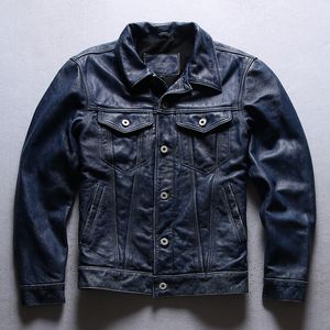 Повседневная куртка для мужской голубой кожаной кожаной куртки натуральные кожаные пальто Biker мотоцикл куртки хип-хоп плюс размер M-4XL