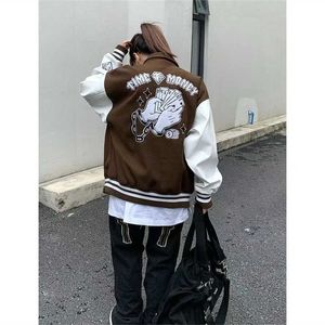 ヴィンテージ特大ジャケットプリント野球の女性カップル爆撃機ユニセックスレーサーVarsity Hiphop Streetwearコート211014