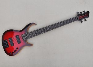 5 Strings Red Neck-thru-body Electric Bass Guitar with Flame Maple Veneer,Rosewood Fretboard,24 Frets