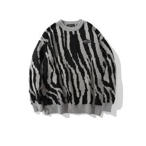 Hip Hop Mens Streetwear Men Harajuku Camisola de malha Masculina Zebra Padrão 2021 Primavera Pullover Solto Retro Vintage Algodão Y0907