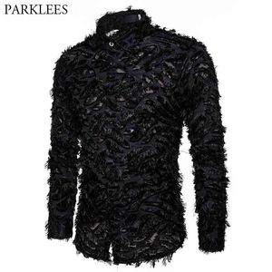 Sexy Black Feather Lace Shirt Men Fashion See Through Clubwear Dress Shirts Mens Event Party Prom Transparent Chemise S-3XL 210721