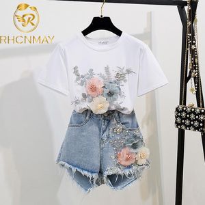 2021 sommer Frauen 2 Stück Sets Stickerei 3D Blume T-shirt + Denim Shorts Sets Vintage Perlen Shorts
