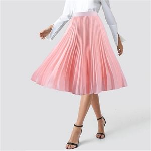 Misshow Elastic High Waist Kvinnor Skirt Casual Vintage Solid Pläterad Midi Skirts Lady Black Pink Fashion Simple Saia Mujer Faldas 210621