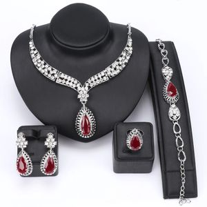 Fashion Crystal Necklace Collar Jewelry Sets For Women Party Accessories African Beads Earrings Bracelet Ring Sets Vintage Red green Black