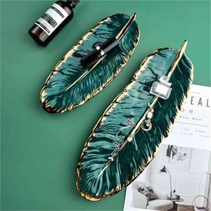 Luxury Ceramic Platter Tray with Rim Green Leaf Glod Feather Jewelry Makeup Brush Storage Decorative Sushi Plate