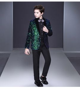 Moda Yüzük Taşıyıcı Çocuğun Örgün Giyim Smokin Şal Yaka Bir Düğme Çocuk Düğün Çocuklar Için Kıyafet Çocuk Suit Set Köpüklü Sequins Ceket + Siyah Pantolon