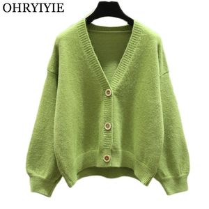 OHRYIYIE Autumn Knit Female Oversize Cardigan Women Loose Casual V Neck Knitted Sweater Fall Coat Lady Green Cardigan 210917