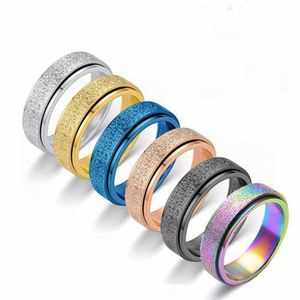 Anel de faixa de giro rotativo para mulheres ansiedade alívio 6mm areia de aço inoxidável explosão glitter acabamento rosa ouro arco-íris cor fidget anel ban