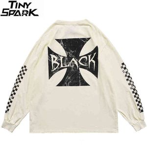 2021 Mężczyźni Hip Hop Oversize T Shirt Streetwear Ripped Graphic List Drukuj Koszulka Harajuku Bawełniana Wiosna Z Długim Rękawem Tshirt Black H1218