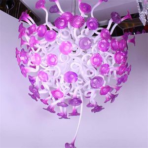 LED Murano Dmuchany Szklany Kwiat Wisiorek Lampa Purpurowy Biały Salon Żyrandole Światło Oprawa Światła Sztuka Nowoczesna Żyrandol Oświetlenie 32 cali