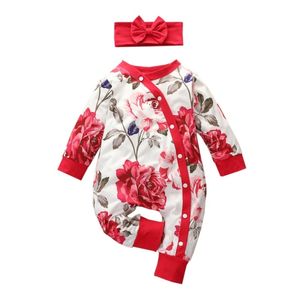Fall / Vinter Nyfödda Baby Girl Clothes Sets Outfits 2pcs Floral Long-Sleeved Rompers Single-breasted Jumpsuit med huvudband 210317