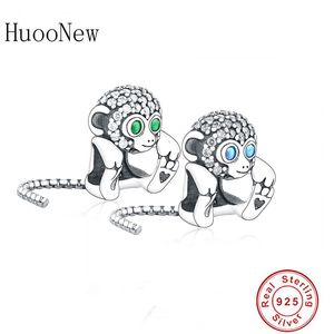 Fit Original European Charm Bracelet 925 Sterling Silver Animal Monkey Green Zircon Snake Chain Bead Pendant Making Berloque New Q0531