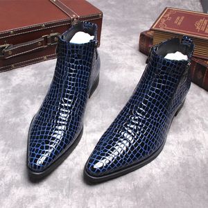 Luxus Stiefeletten Mode Blau Handgemachte Echtes Leder Krokodil Stiefel Spitz Reißverschluss Hochzeit Büro Kleid Schuhe Männer Stiefel