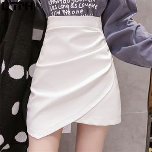 LTPH Mode Mini Koreanische Rock Asymmetrische PU Leder Falten Split Hohe Taille Paket Hüfte Weiße Frauen Röcke Herbst Neue 210310