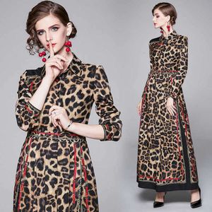 Nowy Runway Luksusowe Sexy Leopard Drukuj Designer Kobiety Plisowane Maxi Sukienka Z Długim Rękawem Lapel Przycisk Przycisk Dorywczo Party Party Sukienki