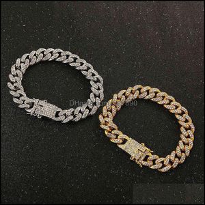 Charm Armband Smycken Märke Lyx Fashion 12mm Is Out Kubansk Link Kvinnor Guld Bling Strass Armband Drop Leverans 2021 KN43W