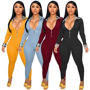 Women Solid Zipper Tight Rompers Designer Spring Turn Collar One Piece Jumpsuit Fashion Trend Slim Plaid Shirt Collar Bodysuits For Ladies