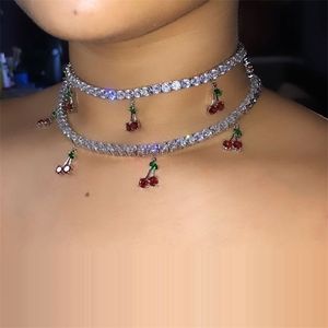 2021 hip hop styles summer new cute cherry charm clear cz tennis chain choker women 32+10cm short necklace