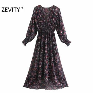 Zevity WomenエレガントVネックフラワープリント弾性ウエストシフォンドレスシックな女性長袖カジュアルスリムAラインvestido DS4616 210603