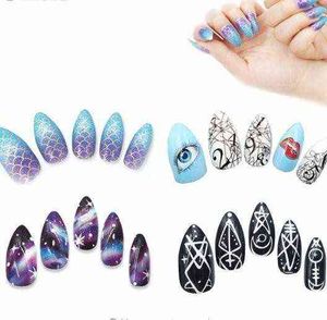 24pcs Colorful False Nails Cute Cartoon Pointed Fake Nails Full Cover Sky Art Decoration Tips Manicure Beauty Tools