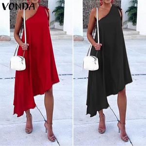 Vonda Summer Dress 2021 여성 섹시한 숄더 솔리드 컬러 파티 드레스 플러스 사이즈 Sundress 우아한 보헤미안 Blusas S-5XL X0521